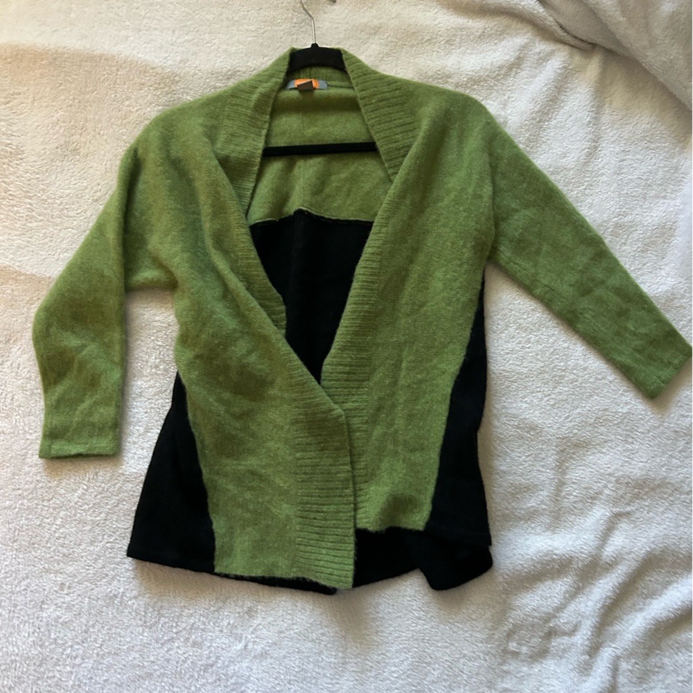 Just Cashmere Forte Cardigan Green Black Open Large Boxy‎ Slouchy Grandma